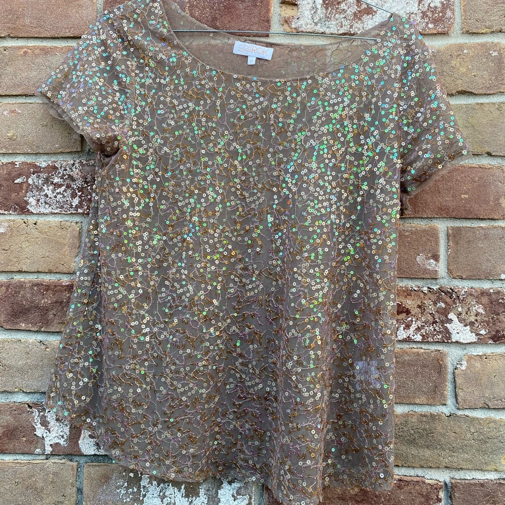 Beige Brown La Rok Sequin Blouse